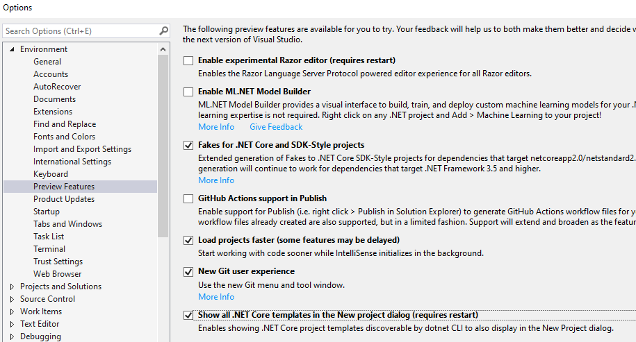 Show all .NET Core templates in the New project dialog via Tools &gt; Options &gt; Preview Features